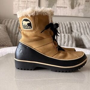 Sorel Tivoli II Women 9.5 Tan Black Waterproof Suede Snow Boots Cozy Fur